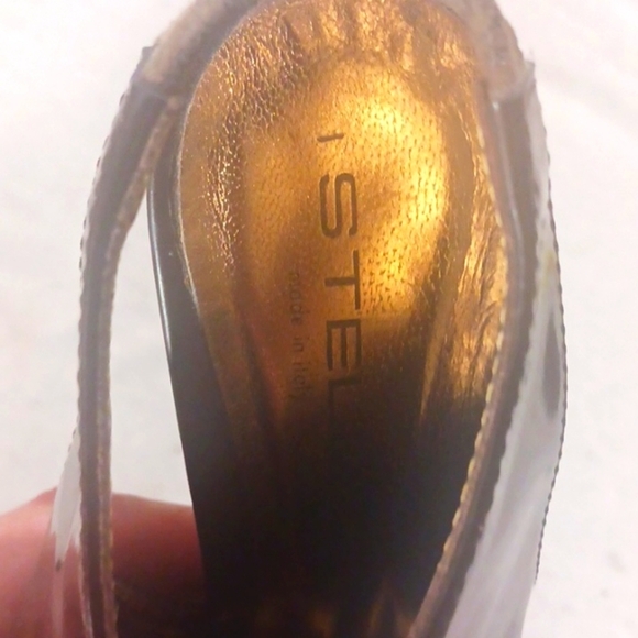 STELE Italian Deep Brown Patent Leather Sling Back Heels open toe Pumps Size 7 - Picture 5 of 10